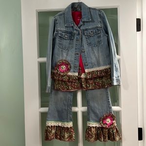 New handcrafted upcycled girls denim jeans, t-shirt and jacket, size 7/8.